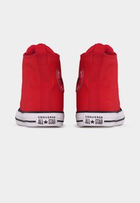 Κόκκινα παπούτσια Converse All Star τύπου ψηλού λαιμού, εμφανιζόμενα από πίσω σε λευκό απλό φόντο.