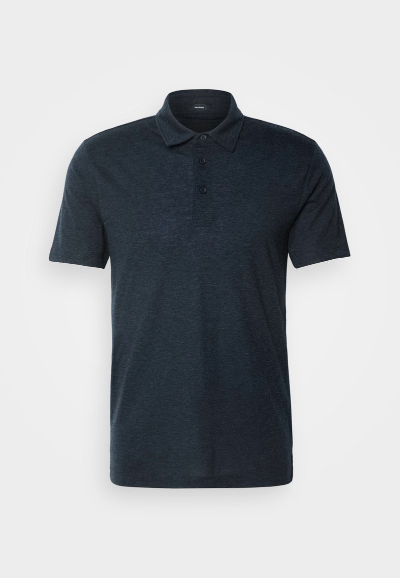 Navyblaue Poloshirt aus Baumwollmischgewebe. Verfügt über einen Kragen, eine Knopfleiste mit drei Knöpfen und kurze Ärmel. Subtile Textur.