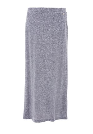 Miękka, melanżowa, szara spódnica o długości do kolan, prosta, z subtelną teksturą i małym metalowym guzikiem przy talii.