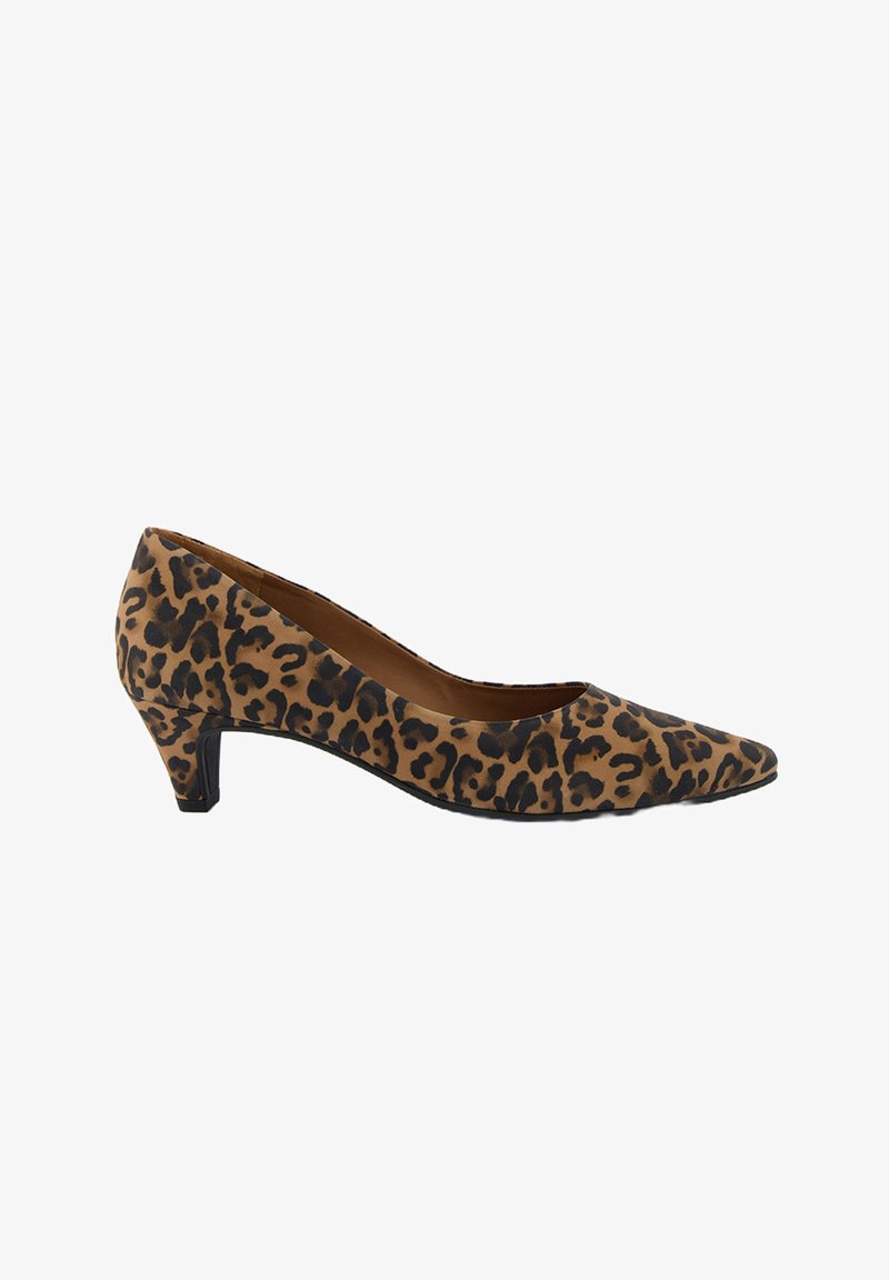 Escarpin à imprimé léopard avec un bout pointu, surface texturée douce, et un talon en bloc de 5 cm, arborant un schéma de couleurs marron et noir.