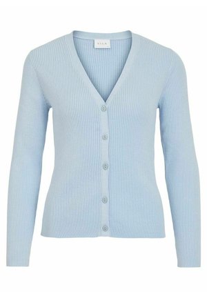 Lyseblå ribstrikket cardigan med lange ærmer, V-udskæring og fem knapper foran, mærket "Vila."