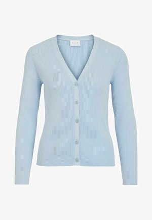 Svetle modrý žebrovaný pletený kardigan s dlouhými rukávy, výstřihem do V a pěti knoflíky na přední straně, s označením "Vila".