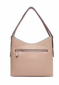 Borsa a spalla in pelle beige con parte superiore arrotondata, corpo piatto e tasca frontale con cerniera. Presenta due manici corti per il trasporto.