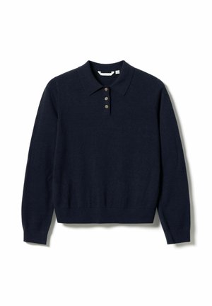 Tumši zils garām piedurknēm polo džemperis no mīksta auduma, ar klasisku apkakli un trīs pogu aizdari. Elastīgs apakšmala un aproces.