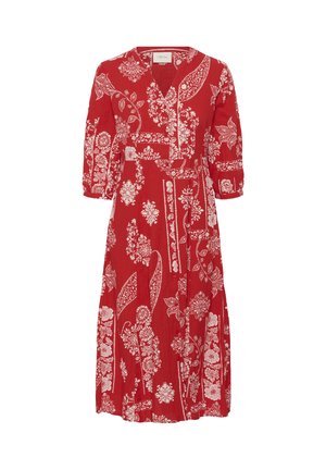 Rode midi-jurk met witte bloemen- en paisleypatronen, V-hals, driekwart pofmouwen en knoopsluiting aan de voorkant.