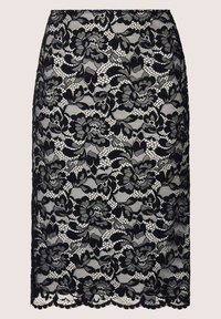 Schwarzer Bleistiftrock aus Spitze mit floralem Muster, transparenter Textur und gewelltem Saum. Die glatte Innenauskleidung sorgt für Komfort.