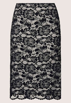 Zwarte kanten kokerrok met bloemenpatronen, een doorschijnende textuur en een golvende zoom. Glad binnenvoeringsmateriaal zorgt voor comfort.