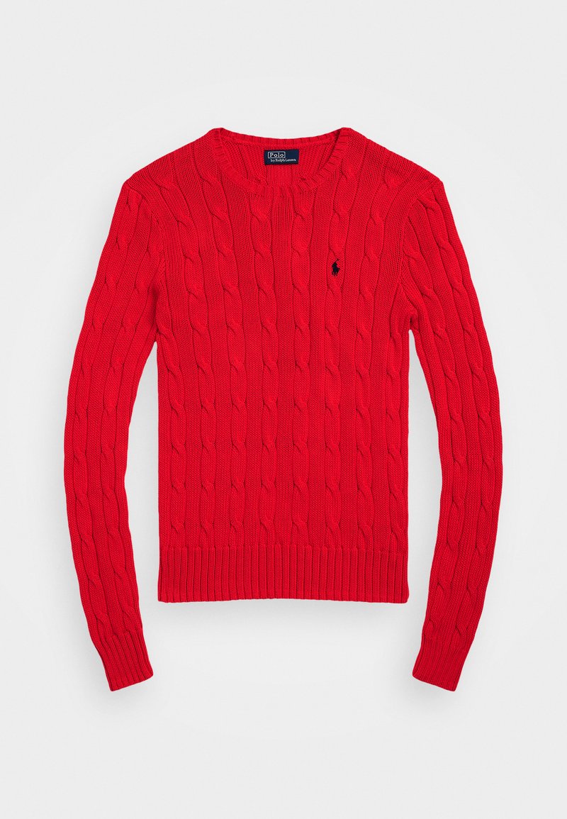 Κόκκινο πουλόβερ με πλέξη κόμπου, στρογγυλή λαιμόκοψη, ριμπ μανσέτες και στρίφωμα, με μικρή λογότυπο στο στήθος. Κατασκευασμένο από υφαντό ύφασμα.