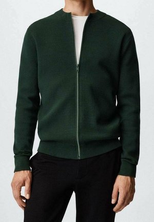 Mann trägt einen dunkelgrünen Zip-Up-Cardigan über einem weißen T-Shirt und schwarzen Hosen, gezeigt von Hals bis Hüfte.