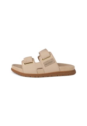Beige slide sandals with two adjustable straps, gold hardware accents, textured upper material, and a light brown rubber sole.