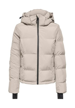 Giacca a vento puffa beige chiaro con chiusura a zip, cappuccio e polsini elasticizzati. Presenta sezioni trapuntate e una texture liscia.