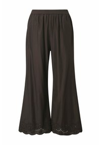 Pantalon noir à jambes larges avec taille élastique et ourlet festonné présentant des motifs découpés brodés circulaires.
