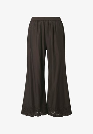 Czarne spodnie o szerokich nogawkach z elastyczną talią i marszczonym brzegiem z okrągłymi, haftowanymi wzorami wycięć.