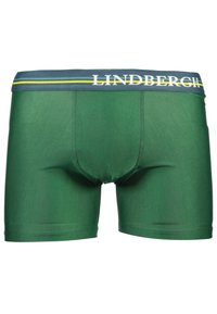 Vihreät bokserit, joissa on sininen vyötärönauha, jossa lukee "LINDBERGH" valkoisella tekstillä ja keltaisilla tehosteviivoilla. Materiaali on sileä ja venyvä.