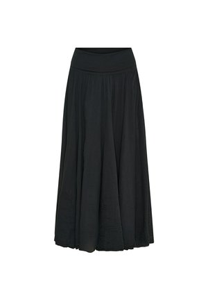 Sort maxi-nederdel lavet af let, struktureret stof. Har en tætsiddende talje og et flydende A-linje design, der giver en rummelig silhuet.