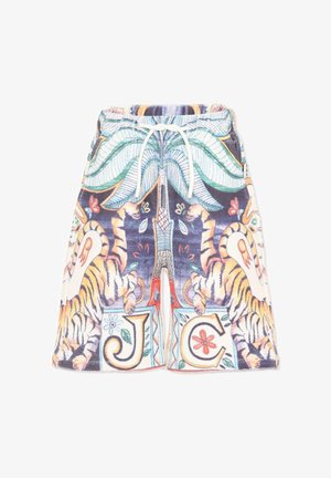 Zwemshorts met trekkoord en kleurrijke tropische ontwerpen, voorzien van spiegelbeeldige tijgers, palmbladeren en grote letters "J" en "C" bij de zoom.