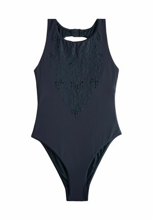 One-piece swimsuit in dark navy, featuring a decorative cut-out floral design on the front, with a high neckline and open back.