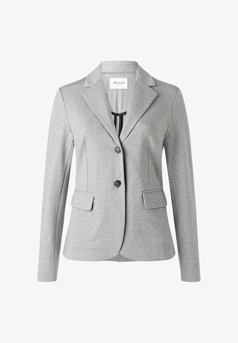 Veste blazer gris clair cintrée avec revers crantés, deux boutons noirs, poches à rabat et manches longues, présentée sur un fond blanc.
