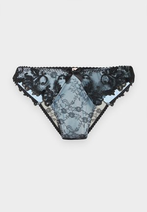 Sort blomsterblonde bikini-stil undertøj med lyseblå stofpaneler og en lille satin sløjfe foran i midten.