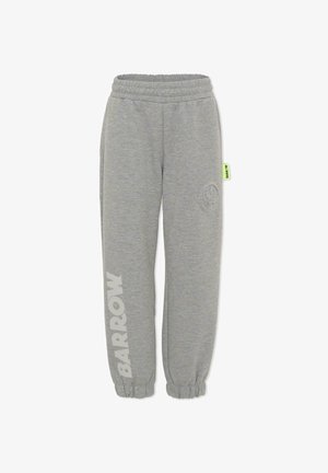 Pantaloni della tuta grigi con vita elastica, polsini affusolati, logo "BARROW" bianco sulla gamba sinistra e piccola etichetta verde neon sul lato destro.
