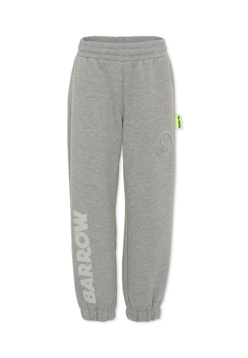 Szare spodnie dresowe ze ściągaczem w pasie, zwężanymi mankietami, logo "BARROW" w białym kolorze na lewej nogawce oraz małą metką w neonowej zieleni po prawej stronie.