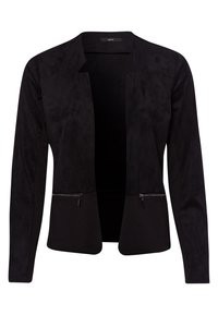 Veste en daim noir avec une fermeture ouverte à l'avant, des manches longues et deux poches zippées à la taille. Texture lisse et design ajusté.