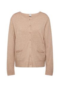 Beige gestrickte Strickjacke mit Rundhalsausschnitt, sechs Knöpfen vorne, zwei aufgesetzten Taschen sowie gerippten Bündchen und Saum. Weiche Textur.