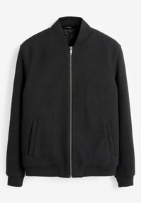 Bomber jacket in black, made of soft fabric. Features a zip front, stand-up collar, and two side pockets with ribbed cuffs and hem.