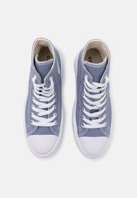 Wysokie trampki z jasnoniebieskiego płótna z białymi gumowymi nakładkami na palce i płaskimi sznurowadłami. Charakteryzują się detalami przeszyć oraz wyściełanym wnętrzem.