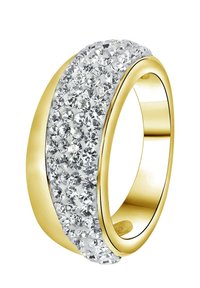 Bague en or avec un anneau lisse et arrondi, ornée d'une rangée de pierres claires et scintillantes. Les pierres sont serties sur une surface légèrement surélevée.