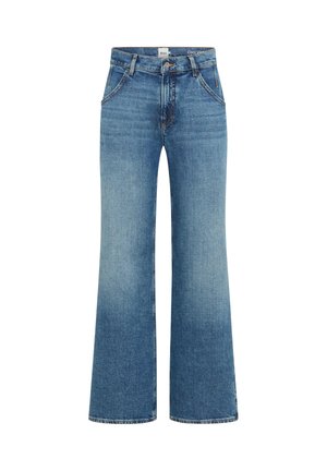 Blauwe denim jeans met hoge taille, knoop- en ritssluiting, voorzakken en brede uitlopende pijpen.
