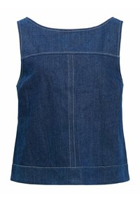 Jeans ärmlös topp med fyrkantig halsringning, mörkblå färg, synligt sömnad och rak skärning. Inga dekorationer eller mönster.