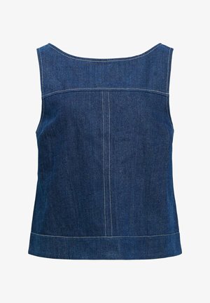 Denim ilma käisteta top, ruudukujulise kaelusega, tume sinine värv, nähtavad õmblused ja sirge lõikega disain. Ilma kaunistuste või mustriteta.