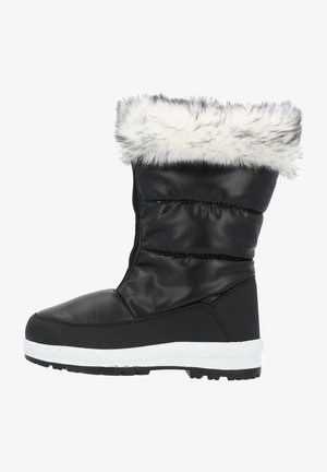 Schwarze, wasserdichte Stiefel mit einem Kragen aus Kunstfell, gepolstertem Design, runder Zehenform und einer weißen Laufsohle für Halt. Mit seitlichem Reißverschluss.