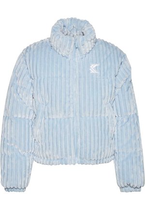 Light blue puffer jacket made of textured fabric with vertical ribbed design, high collar, and elastic cuffs. Features zip closure and logo detail.