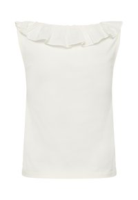 Blouse blanche sans manches avec un large col à volants le long de l'encolure, présentée sur un fond uni.