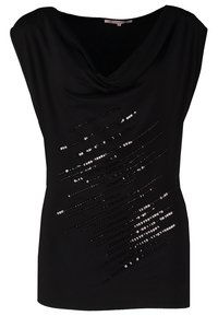 Haut noir avec un décolleté drapé en col bénitier, orné d'accents en sequins diagonaux sur le devant. Confectionné dans un tissu doux et extensible pour le confort.