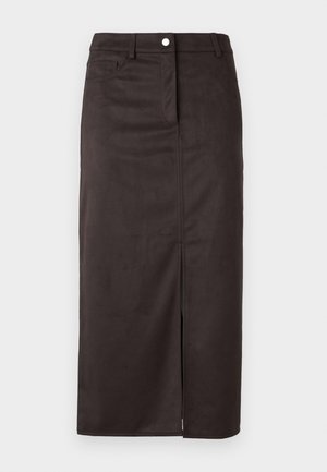 Brown, knee-length skirt made of smooth fabric. Features a front slit, button closure, and side pockets for added functionality.