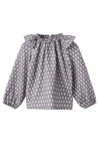 Siva bluzica s uzorkom dijamanata, naboranom izrezom, volanima i dugim rukavima s elastičnim manžetama. Izrađena od lagane tkanine.