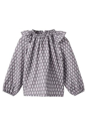Blusa grigia con motivo a diamante, colletto arricciato, dettagli a volant e maniche lunghe con polsini elasticizzati. Realizzata in tessuto leggero.