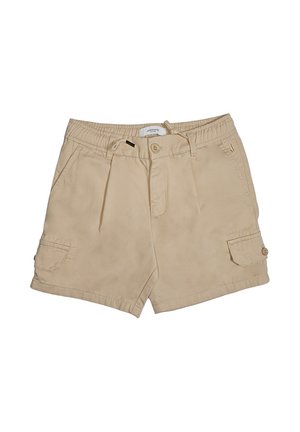 Shorts casual beige con cintura elastica, chiusura con bottone e cerniera, tasche frontali e tasche cargo laterali con bottone.