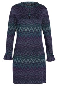 Abito a maniche lunghe con motivo zigzag viola e turchese, scollatura a chiave e polsini arricciati, realizzato in tessuto testurizzato.