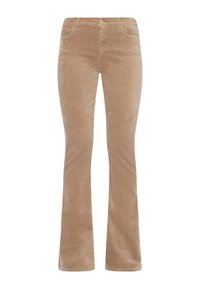 Lichtbruine flared corduroy broek met een gladde textuur, voorzien van voorzakken en een enkele knoopsluiting bij de tailleband.