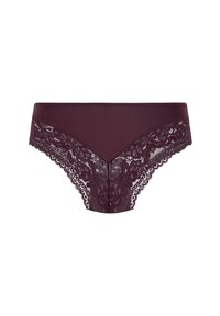 Burgunderfarbene Spitzenbikiniunterhose mit floralem Spitzenbesatz entlang der Kanten und einer glatten Stofffront.