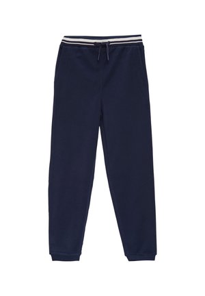 Marineblå joggingbukser med elastisk linning med hvide og marineblå striber og en frontsnor, tilspidsede ben og sidelommer.