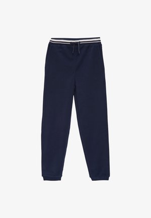 Marineblå joggingbukser med elastisk linning med hvide og marineblå striber og en frontsnor, tilspidsede ben og sidelommer.