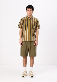 Short-sleeve, striped shirt in brown and yellow with a chest pocket, paired with olive green shorts featuring two front pockets.