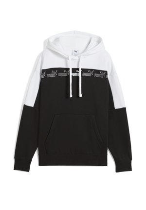 Hanorac cu glugă, cu un design în blocuri de culoare alb-negru, realizat din material din bumbac, cu buzunar frontal și bandă brodată cu logo pe piept.