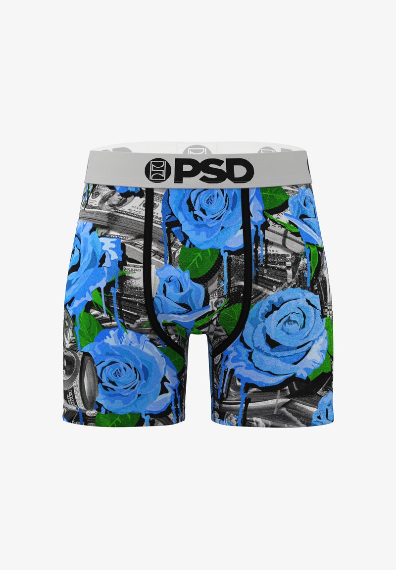 Boxershorts met een blauw rozenpatroon op een zwarte achtergrond, voorzien van een grijze tailleband met het PSD-logo en contrasterende naden.