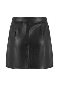 Zwarte leren mini-jurk met een gladde textuur, slank ontwerp, platte tailleband en subtiele plooien voor extra detail.